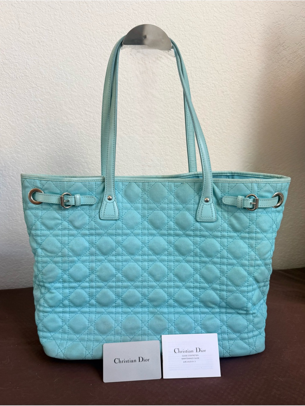 Auth Christian Dior Cannage Panarea Pvc Leather Light Blue Mint Tote Bag Shw